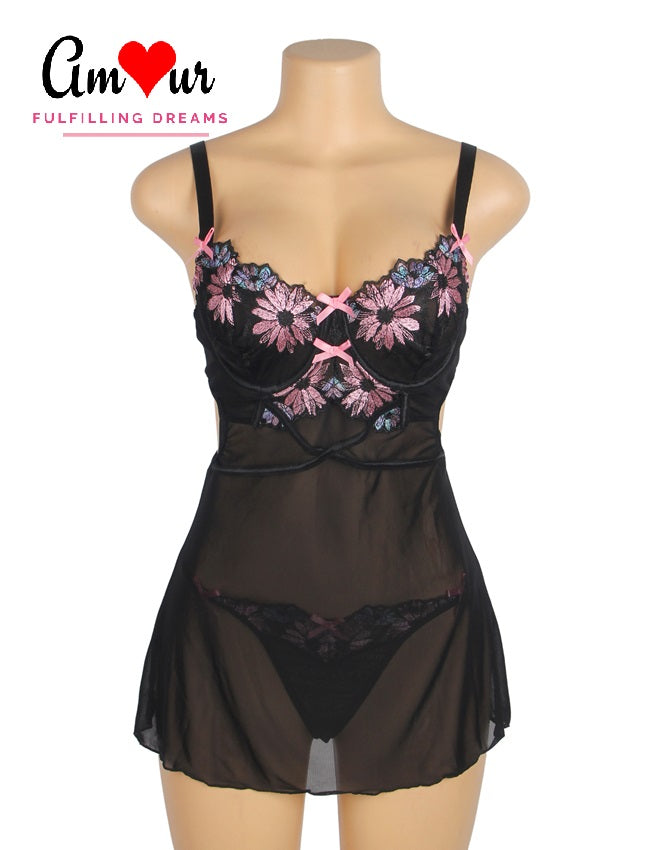 Midnight Reverie Black Suspender Babydoll Dress