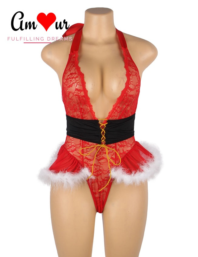 Evocative See-Through Lace X'mas Bodysuit