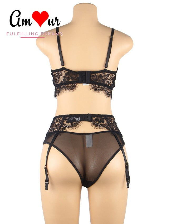 Provocative Eyelash Lace Bra-Panty-Garter Set