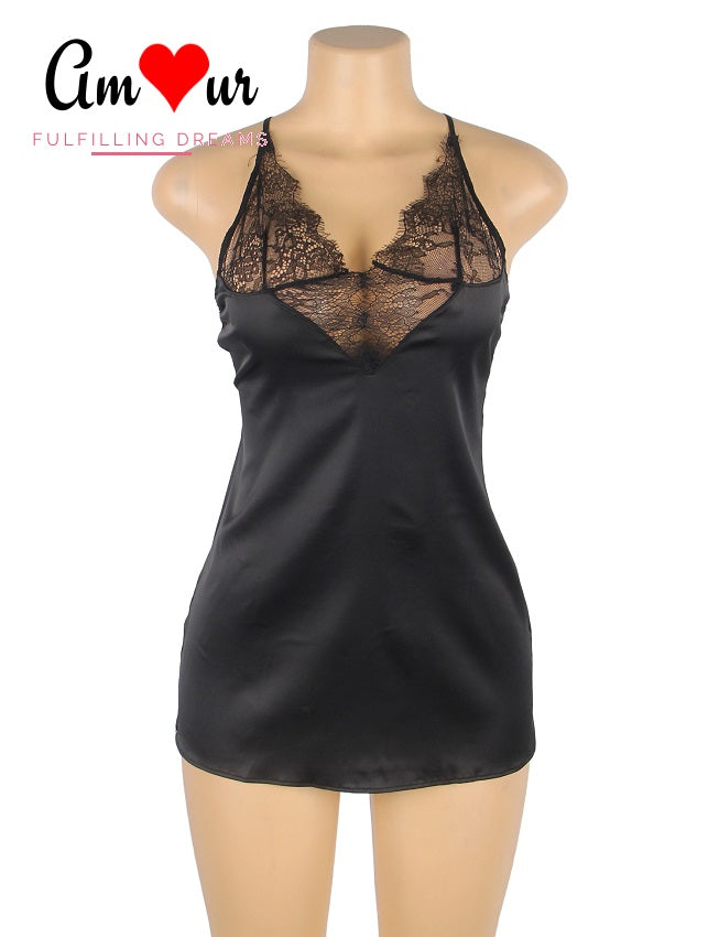 Sexy Black Satin & Lace Chemise