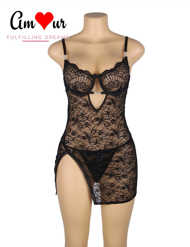 Steamy Side Slit Full Lace Chemise Dress