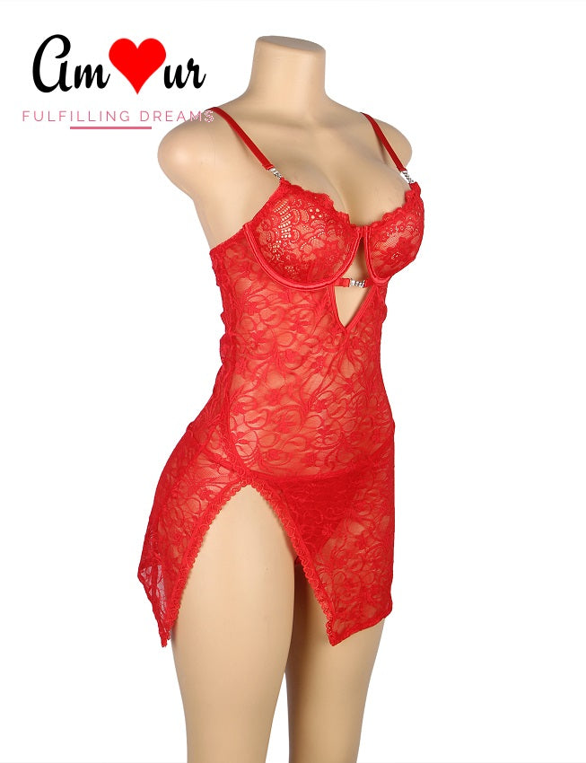 Steamy Side Slit Full Lace Chemise Dress