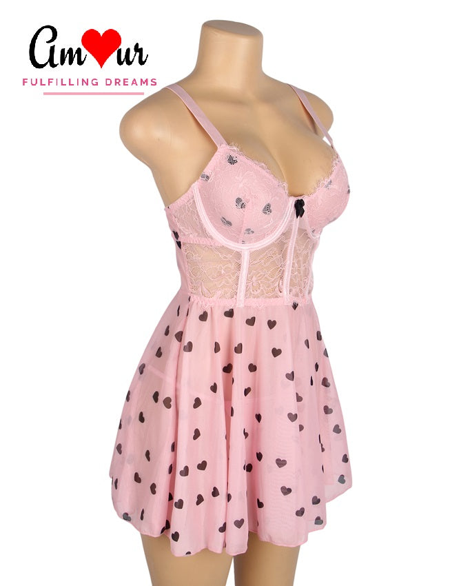 hearts print half-cup sexy babydoll