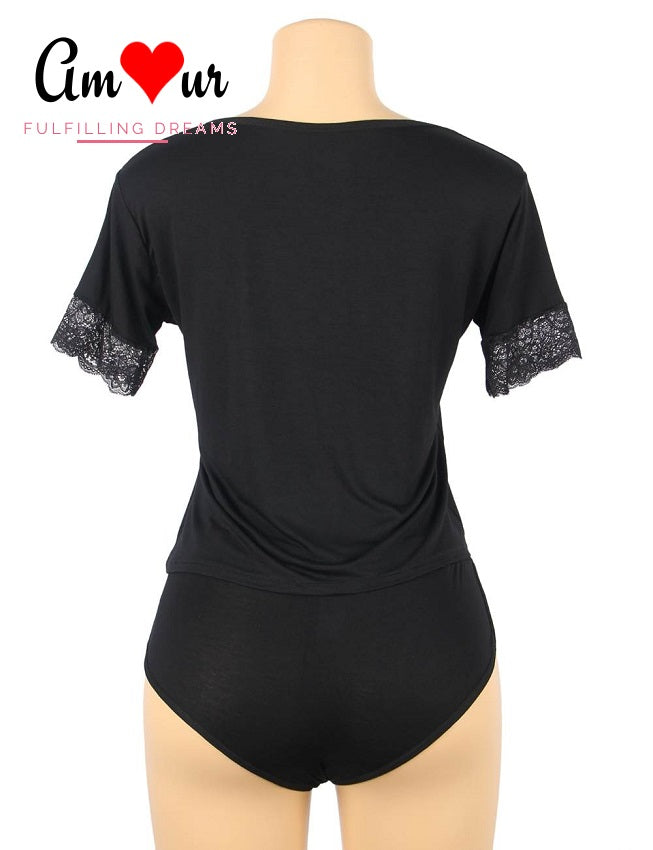 Kittenish Navy Lace T-Shirt & Boyshorts Pyjamas Set