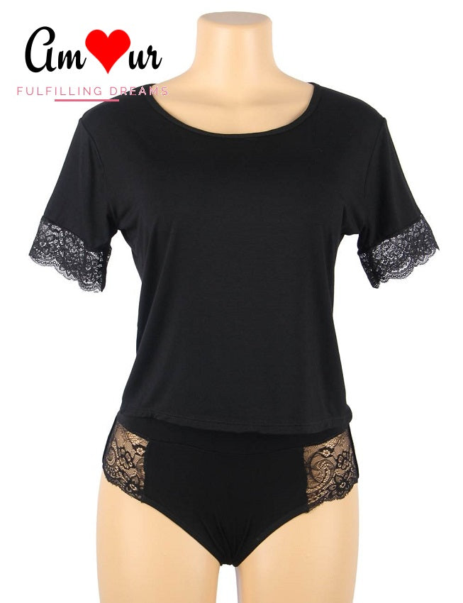 Kittenish Navy Lace T-Shirt & Boyshorts Pyjamas Set