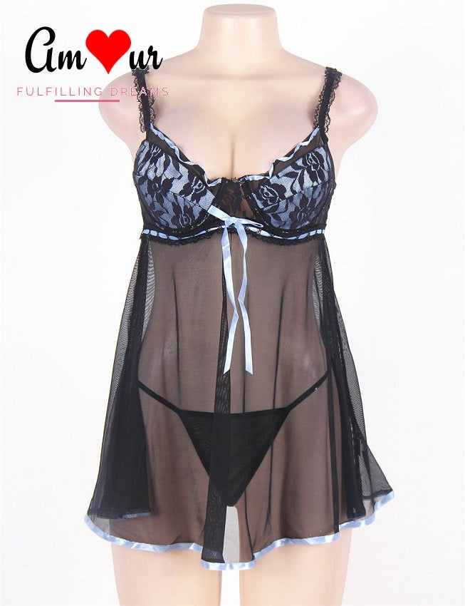 blue satin black lace babydoll