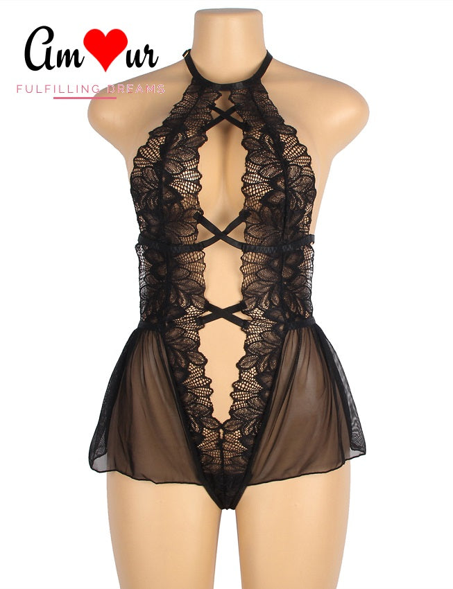 black halter open front teddy lingerie