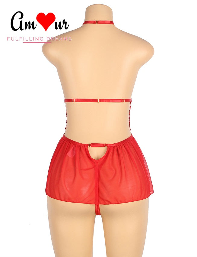 red halter bareback teddy on mannequin