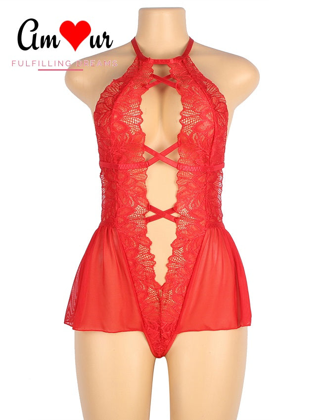 halter red lace teddy on mannikin