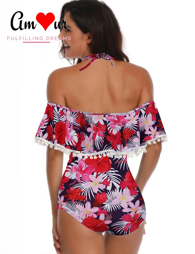red off-shoulder pompom swimwear