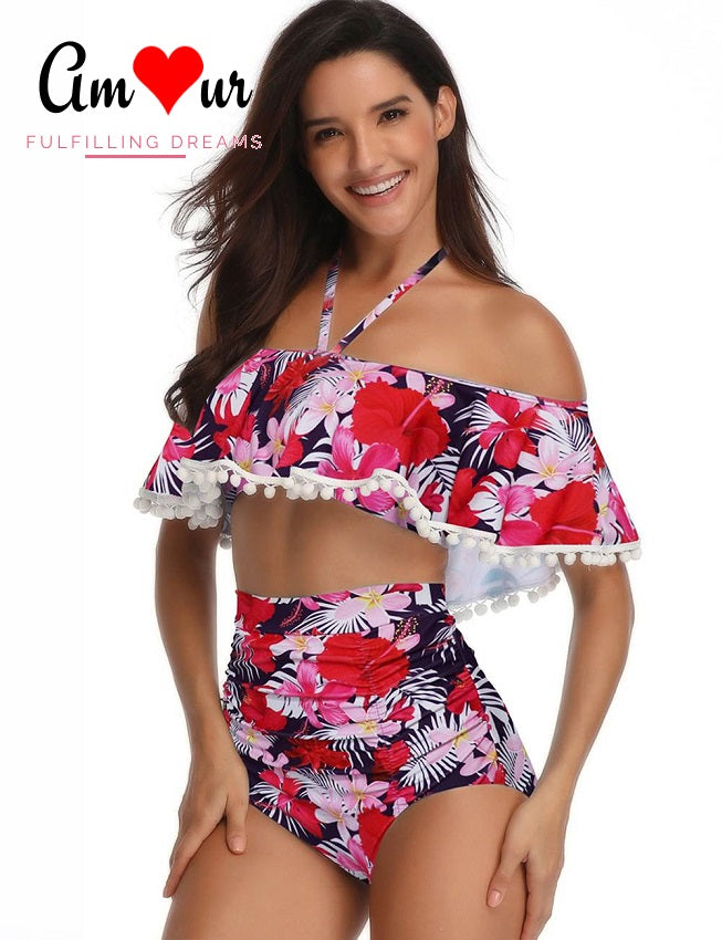 off-shoulder halter red swimsuit