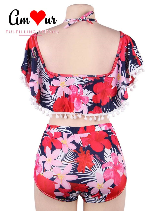 Off-Shoulder 2-Piece Pom Pom Bikini Swimwear