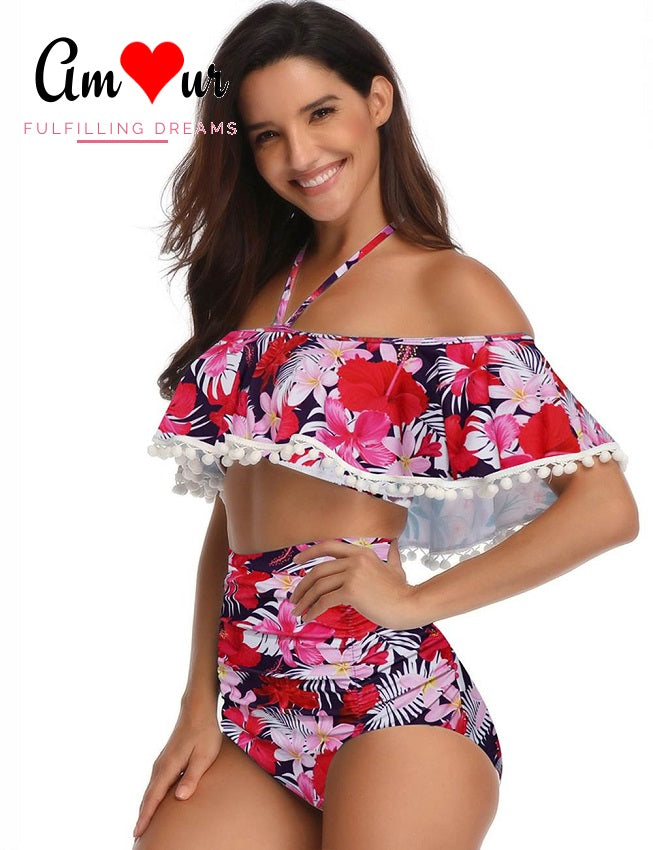 hibiscus halter pompom swimsuit