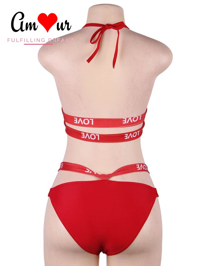 red halter bondage straps bikini