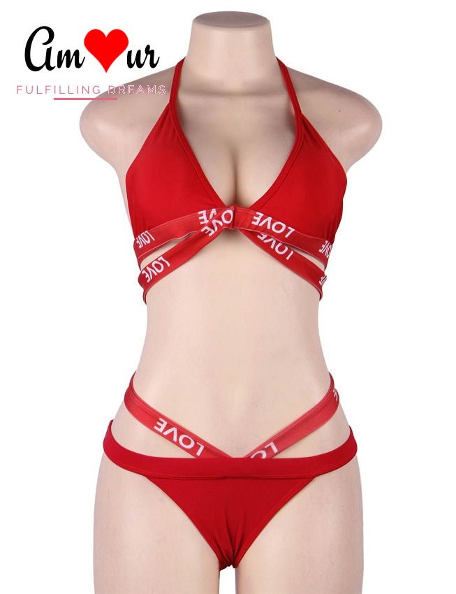 red bondage straps bikini