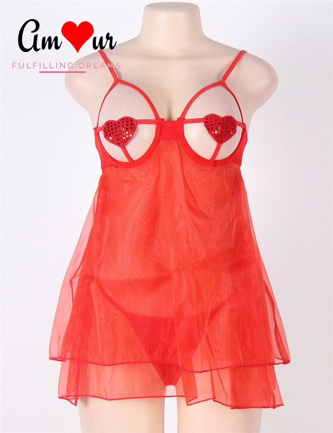 red hearts organza lace babydoll