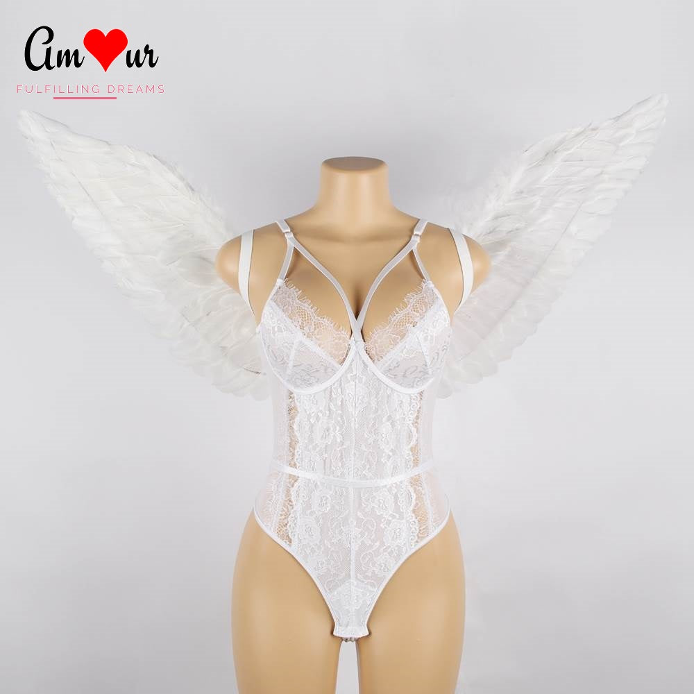 Sexy White Lace Teddy with Feathered Wings