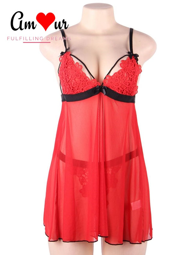 Sexy Chantilly Lace Applique Flyaway Babydoll