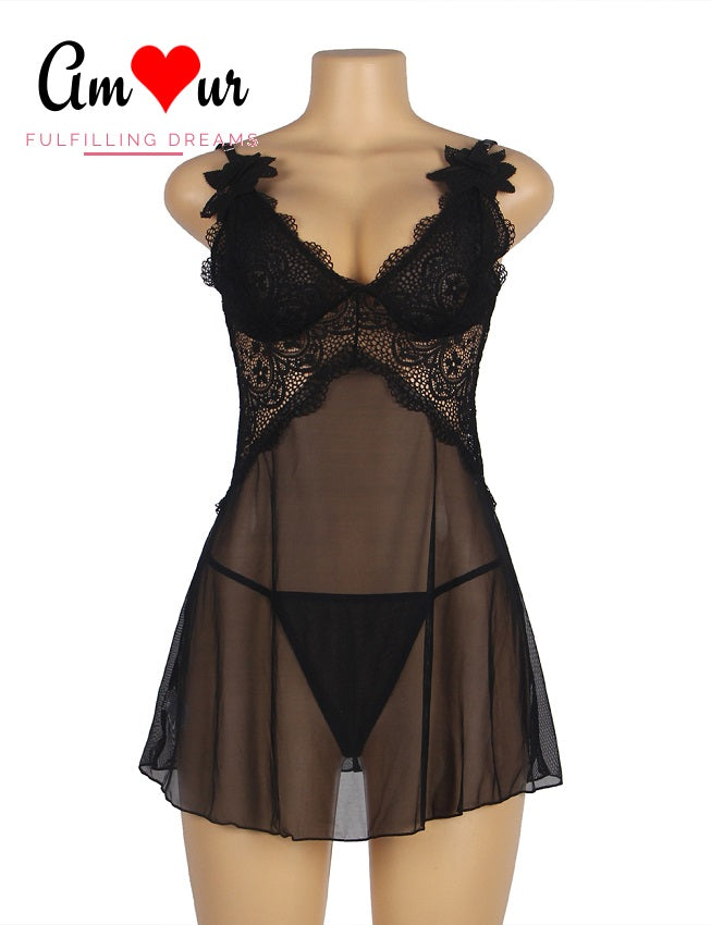 black lace chemise dress on mannikin