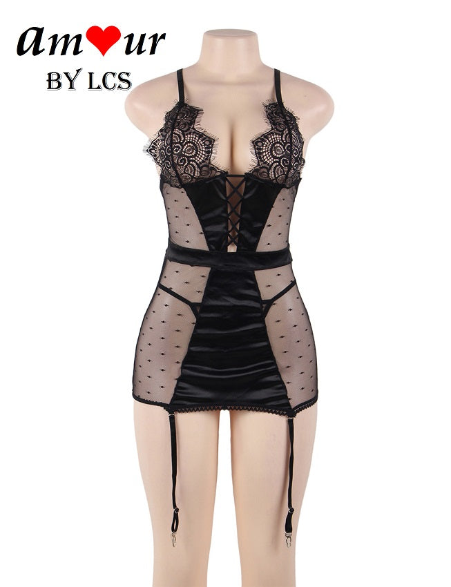Stimulating Sheer Polka Dot Sexy Babydoll with Garters