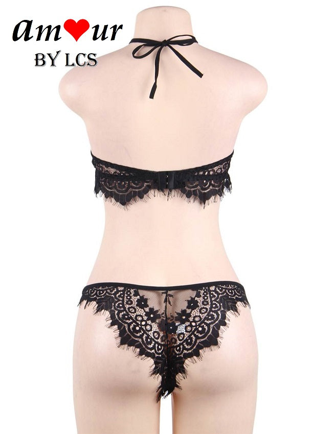 Enticing Lace Crop Halter Bralette Lingerie Set
