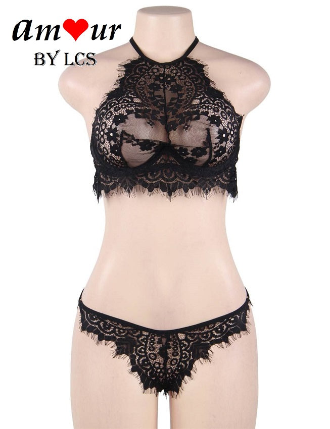 Enticing Lace Crop Halter Bralette Lingerie Set