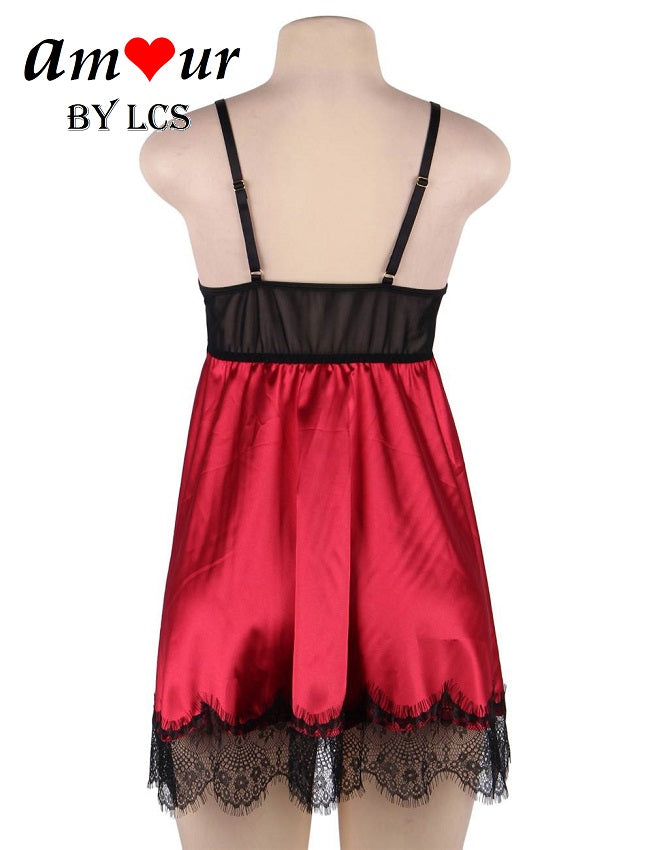 red satin & lace babydoll backview
