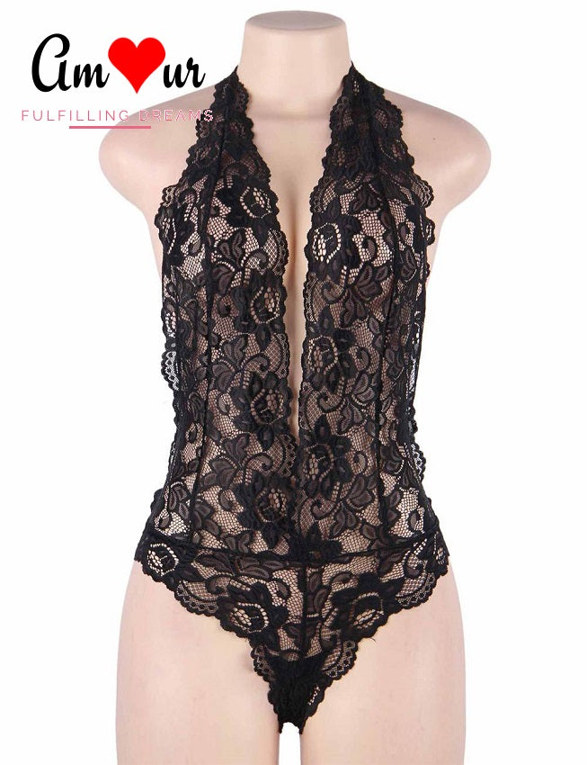 Deep Plunging All Lace Halter Teddy Lingerie