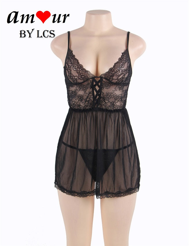 Seductive Front Lace-Up Black Babydoll Dress