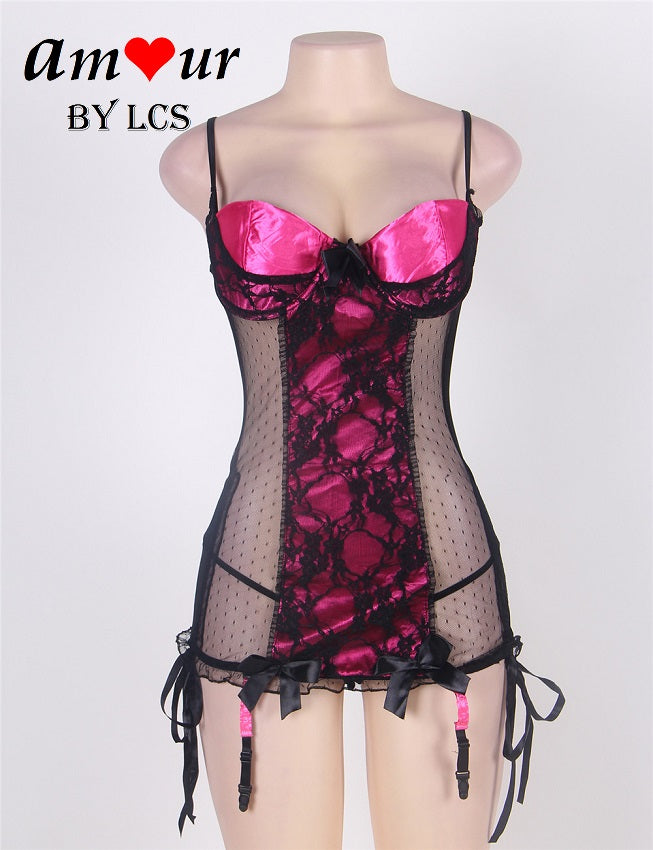 Seductive Black and Purple Sheer Lace Corset