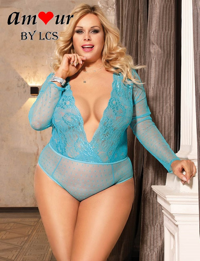 Intoxicating Plunging Neckline Long Sleeve Lace Bodysuit