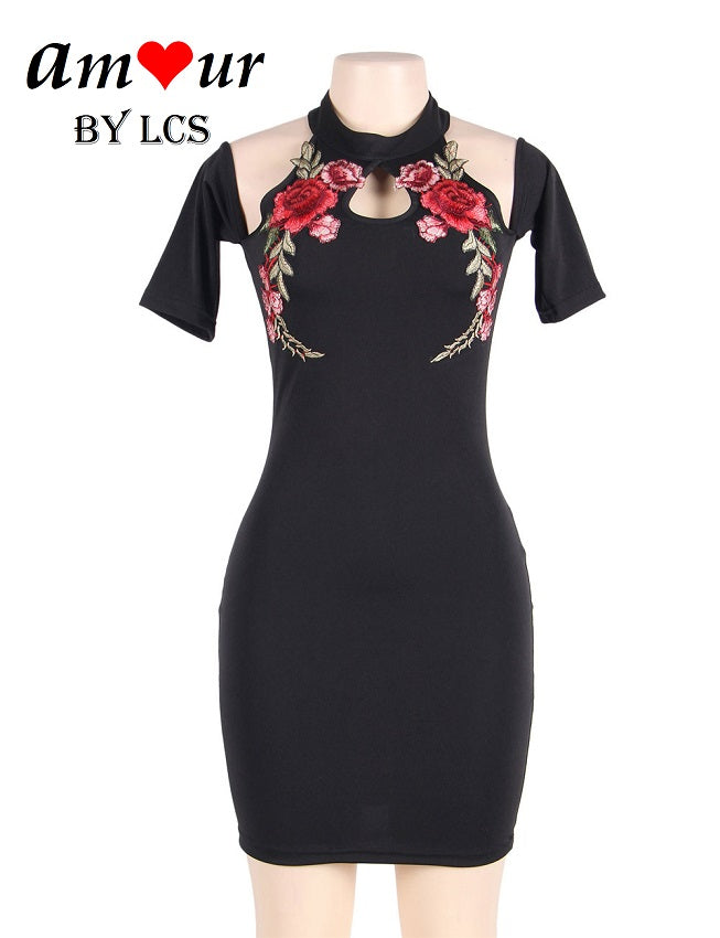Seductive Cold Shoulder Rose Embroidered Dress