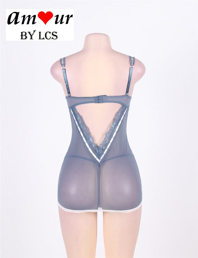 Inviting Light Blue V-Back Lace Babydoll