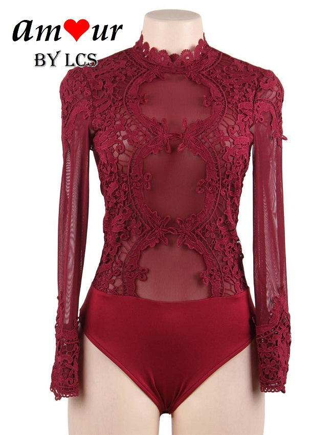 Sensual Maroon Lace Applique Leotard Partywear