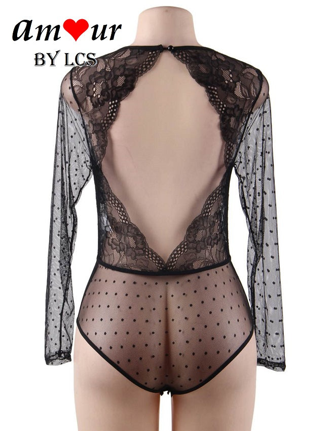 Intoxicating Plunging Neckline Long Sleeve Lace Bodysuit