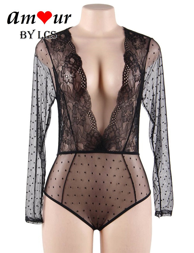 Intoxicating Plunging Neckline Long Sleeve Lace Bodysuit