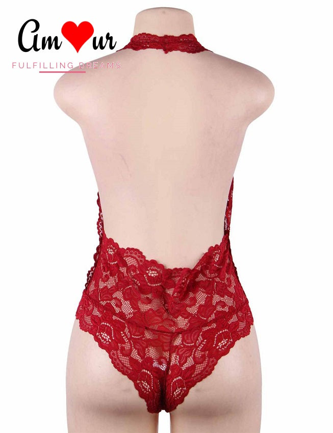 Deep Plunging All Lace Halter Teddy Lingerie