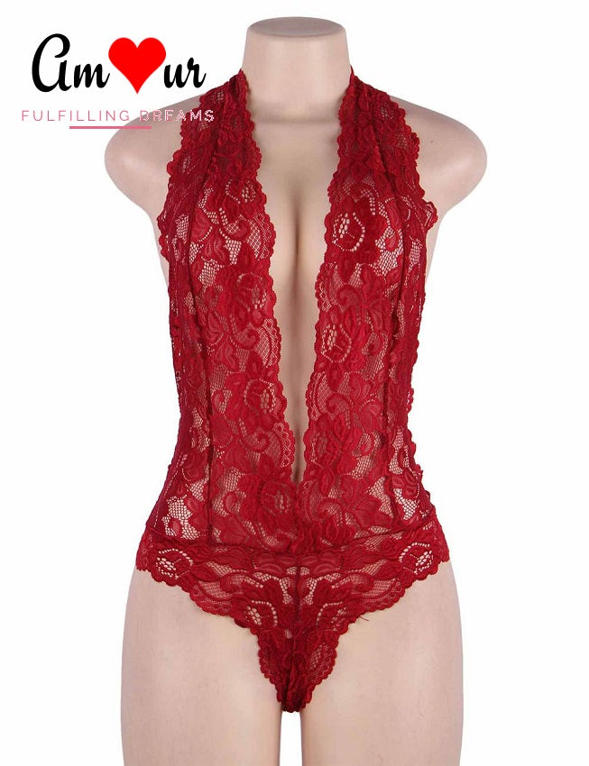 Deep Plunging All Lace Halter Teddy Lingerie