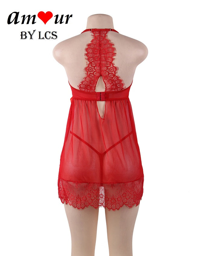 Eye Catching Sheer Lace T-Back Halterneck Babydoll