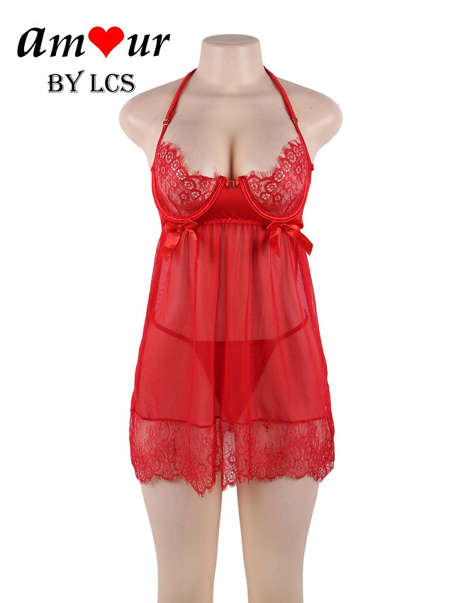 Ravishing Red Sheer Lace T-Back Halterneck Babydoll