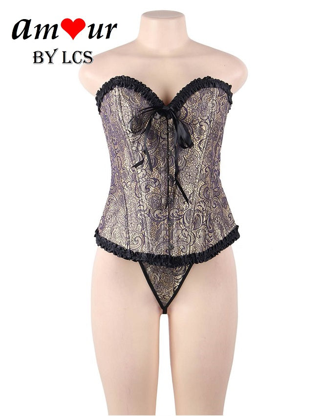 Sexy Satin Brocade Corset with G-String