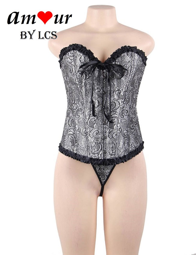 Sexy Satin Brocade Corset with G-String