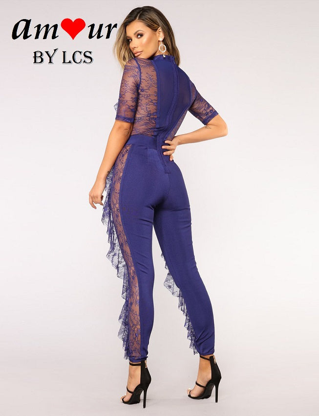 Sexy Sheer Lace Jumpsuit with Ruffles