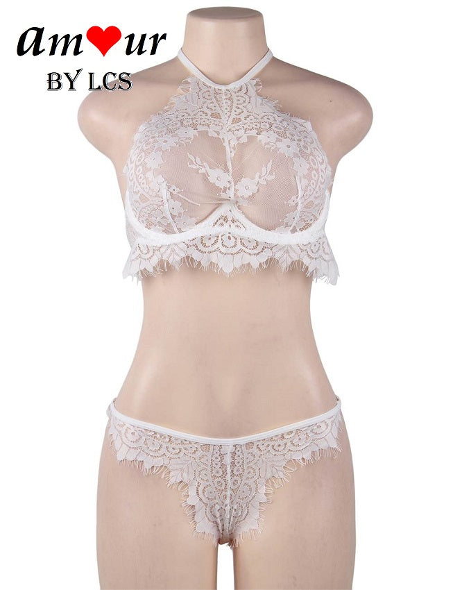 Enticing Lace Crop Halter Bralette Lingerie Set