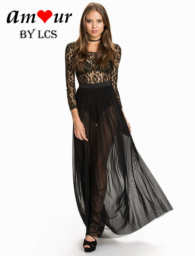 Black 3/4 Sleeve Sheer Lace Maxi Dress – Amour Lingerie