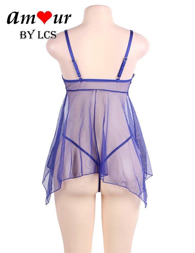 Sultry Egyptian Blue Embroidered Sheer Lace Babydoll