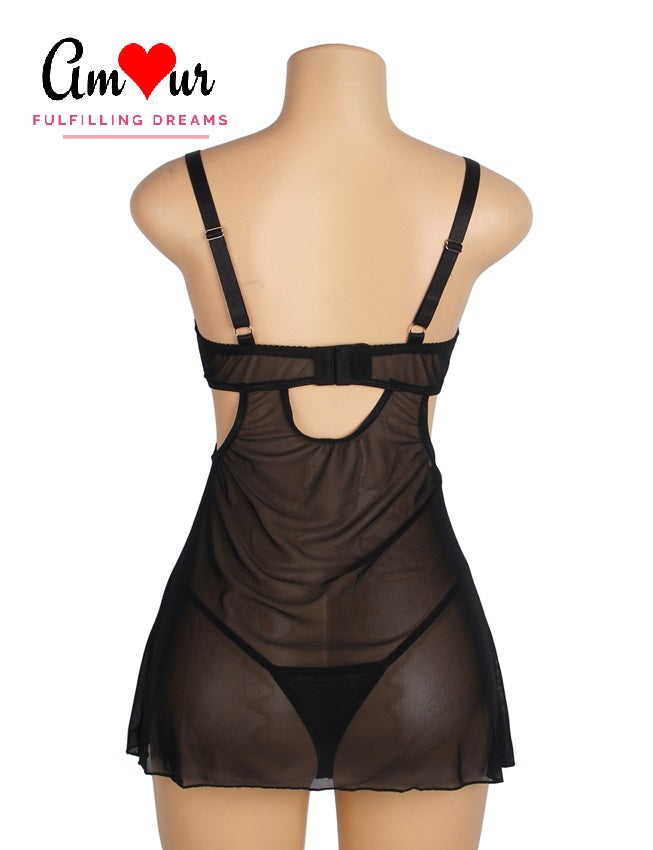 Midnight Reverie Black Suspender Babydoll Dress