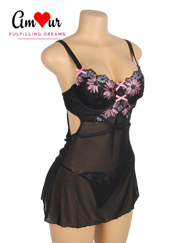 Midnight Reverie Black Suspender Babydoll Dress