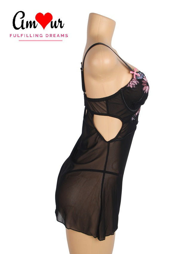 Midnight Reverie Black Suspender Babydoll Dress