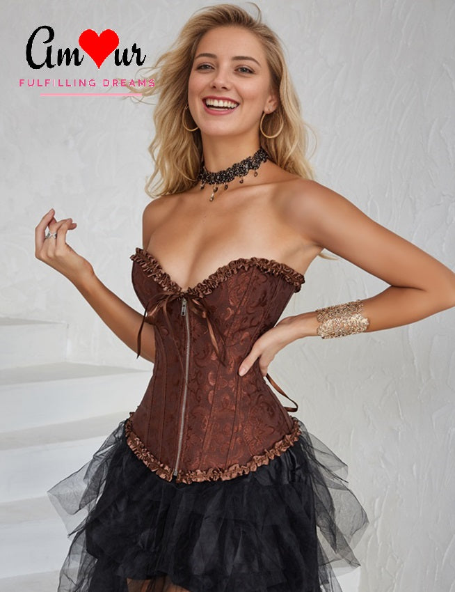 Sexy Ribbon Zip-Front Jacquared Corset Top